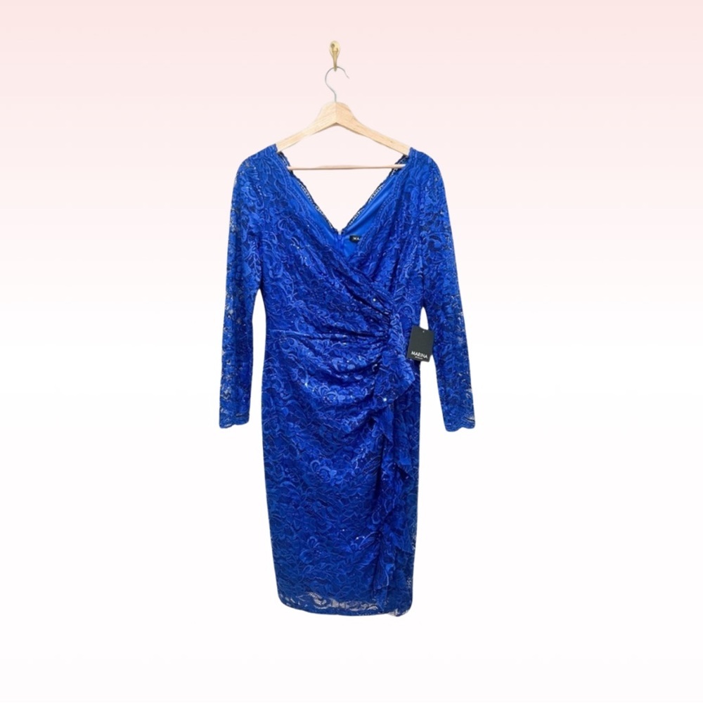 Nwt MARINA Blue Lace Ruffle Sequin Embellished Dress (Sz 8)